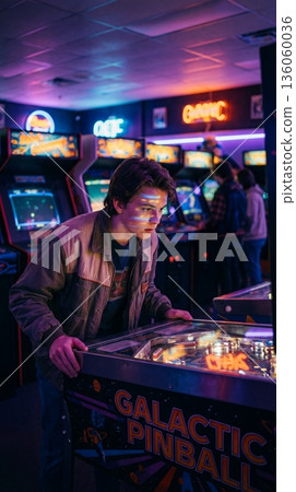Young man focused on playing pinball machine illuminated by neon lights in retro arcade setting. Ideal for lifestyle, gaming, and leisure concepts capturing nostalgic mood. 136060036