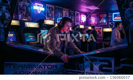 Focused man plays Terminator 2 pinball machine in neon-lit retro arcade. Captures nostalgic kidult vibe and gaming culture. Ideal for entertainment, lifestyle and leisure concepts. 136060037