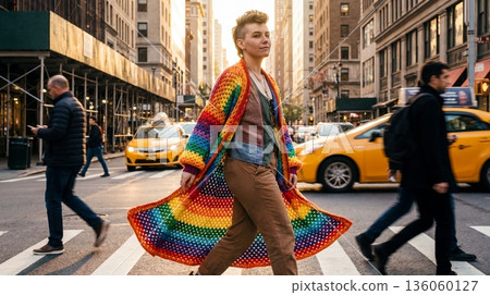 Person in long rainbow crochet coat walks across busy city street at sunset. Scene highlights LGBTQ pride, fashion, and urban lifestyle. Perfect for diversity and travel themes. 136060127