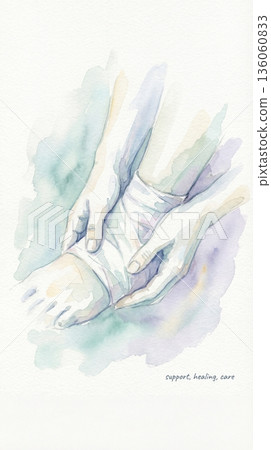 Watercolor illustration showing hands bandaging an injured foot. Represents healing, support, and orthopedic care. Ideal for medical brochures, clinics, and health websites. Watercolor illustration showing hands bandaging an injured foot. Represents healing, support, and orthopedic care. Ideal for medical brochures, clinics, and health websites. 136060833