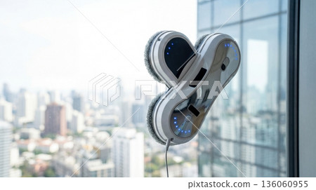 Smart vacuum robot cleaning window against blurred city skyline. Modern device automating household chores on high floors. Ideal for technology and cleaning service concepts. 136060955