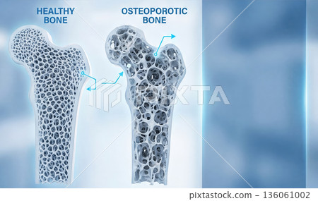 3D illustration comparing healthy bone density with osteoporotic structure. Shows trabecular loss in blue medical setting. Perfect for healthcare articles and medical education. 136061002