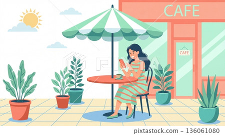 Young lady sits at table under umbrella checking smartphone while drinking coffee. Scene depicts summer leisure and relaxation. Ideal for lifestyle blogs or app illustrations. 136061080