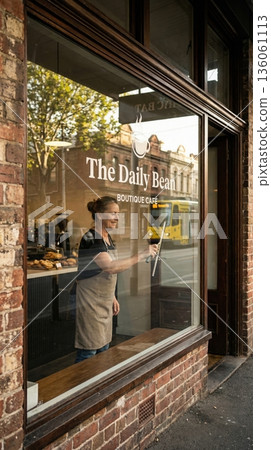 Female cafe worker cleans storefront glass with squeegee. Scene reflects busy street with tram. Suitable for small business and hygiene concepts. 136061113