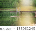 A wooden dock extends over a calm river, reflecting the surrounding greenery.  136061245
