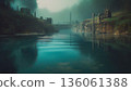 A fantastical landscape with a tranquil water surface and industrial ruins / Background material that expresses a dark and fantastical worldview 136061388
