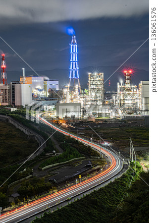 Nakoso Thermal Power Plant and laser beam Nakoso Thermal Power Plant and laser beam 136061576