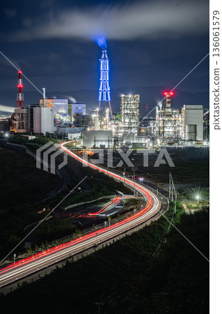 Nakoso Thermal Power Plant and laser beam 136061579