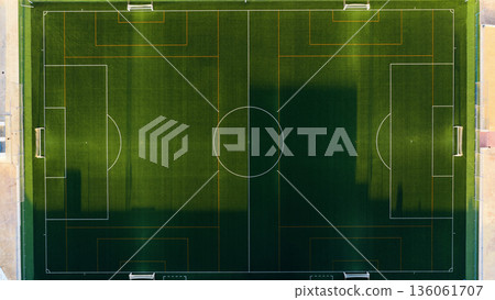 Empty green soccer field from aerial view Empty green soccer field from aerial view 136061707