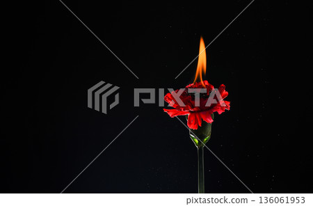 red burning flower. carnation in fire. Hot flame. Burning flower dark background. 136061953