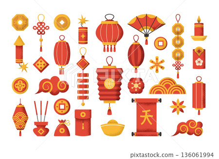 Traditional Chinese decorative geometric elements isolated set in cultural motifs and colors Traditional Chinese decorative geometric elements isolated set in cultural motifs and colors 136061994