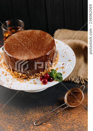Chocolate glaze cake on stand with cocoa dust, berries and mint on dark background 136062069
