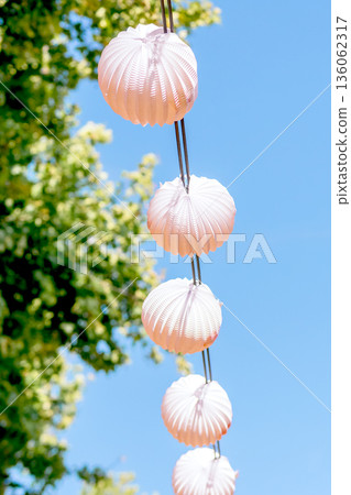Paper lanterns, farolillos, at the April Fair in Seville, Spain. 136062317