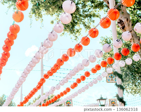 Paper lanterns, farolillos, at the April Fair in Seville, Spain. Paper lanterns, farolillos, at the April Fair in Seville, Spain. 136062318