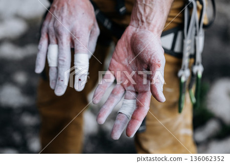 Chalk Covered Fingers Of Rock Climber After Difficult Route: Taped Fingertips, Worn Skin, And Small Traces Of Blood Showing Physical Strain In Close Up Detail 136062352