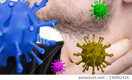 A man with stubble, clearly ill with a cold and sore throat, holds his throat in pain. Sore throat virus on background A man with stubble, clearly ill with a cold and sore throat, holds his throat in pain. Sore throat virus on background 136062426