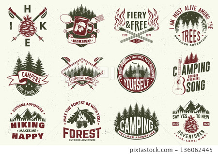 Set of logo, badge design with inspirational adventure quotes. Concept for shirt or logo, print, stamp or tee with mountain, forest, oak leaf and acorns, pin forest, matches stick, mountain. Vector Set of logo, badge design with inspirational adventure quotes. Concept for shirt or logo, print, stamp or tee with mountain, forest, oak leaf and acorns, pin forest, matches stick, mountain. Vector 136062445