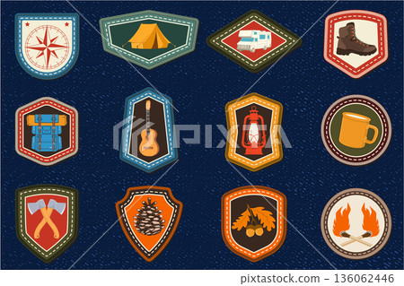 Set of Scout badge with compass, camping mug, pine cone, travel backpack, crossed axes. Vector. Merit patch, sticker for camping outdoor and academic activities Set of Scout badge with compass, camping mug, pine cone, travel backpack, crossed axes. Vector. Merit patch, sticker for camping outdoor and academic activities 136062446
