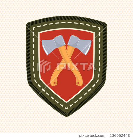 Scout badge with with crossed axes. Vector. Merit patch, sticker for camping outdoor and academic activities 136062448