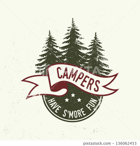 Campers have s'more fun. Vector illustration. Concept for shirt or logo, print, stamp or tee. Vintage typography design with forest silhouette Campers have s'more fun. Vector illustration. Concept for shirt or logo, print, stamp or tee. Vintage typography design with forest silhouette 136062453