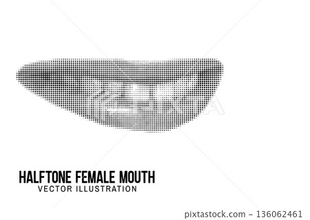 Halftone mouth with teeth. Vector black dots pattern. Collage element, mouth symbol. Trendy vintage retro halftone collage template. 136062461