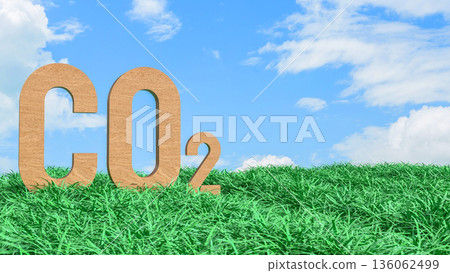 Carbon Dioxide CO2 Emissions Concept in Green Grass Field 3d render. 136062499