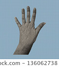 Trendy vintage collage conception with open palm hand symbol. Halftone illustration of human hand showing stop gesture in retro pop art style. Vector illustration. 136062738