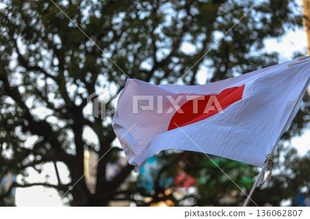 [Japanese flag] The flag fluttering against the winter sky 136062807
