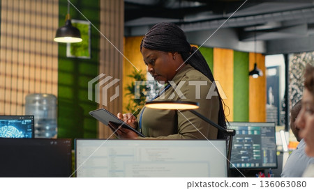 Software developers working in AI startup training predictive models for language processing tasks. Deep learning tech specialists use technical expertise for complex IT requirements, camera B 136063080