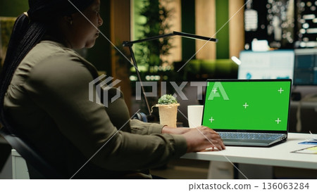 Isolated mockup on laptop at desk with business associate working on research reports for a management project. Collecting information and solving tasks late at night, after hours. Camera B. 136063284