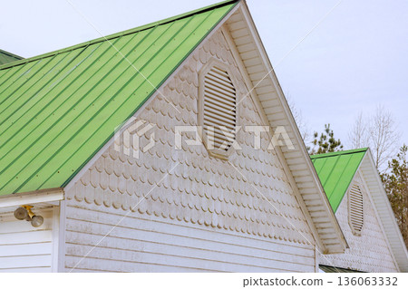 House has green roof, white siding setting is rural area with overcast skies above. 136063332