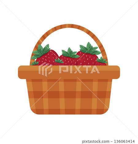 Basket full of ripe strawberries with green leaves. 136063414