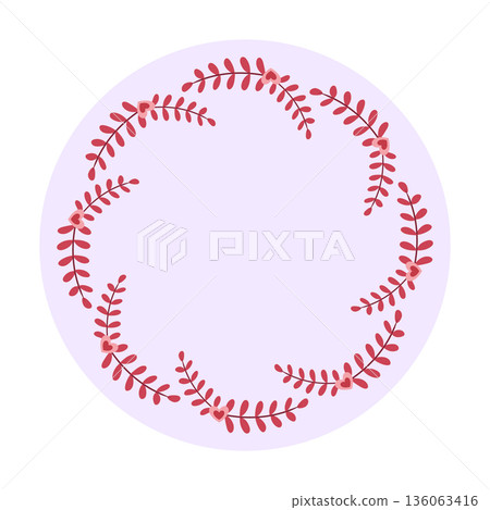 Circular floral wreath with red leaves and heart accents on light background. Circular floral wreath with red leaves and heart accents on light background. 136063416