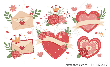 Set of decorative hearts, flowers, and love letters with crowns. Romance, love, celebration Set of decorative hearts, flowers, and love letters with crowns. Romance, love, celebration 136063417