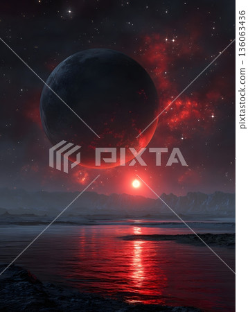 Celestial Landscape Featuring Red Nebula and Distant Stars 136063436