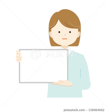 Illustration of a woman's upper body holding a flipboard Explanation, commentary, presentation 07 136064082