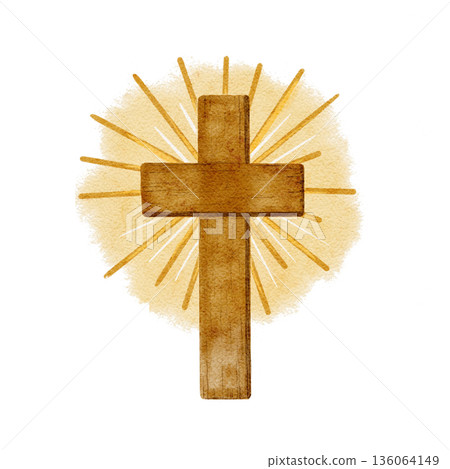 Watercolor wooden cross with radiant golden halo isolated on white background, painted in warm natural tones, Christian symbol of faith and resurrection for Easter design, church prints, worship 136064149