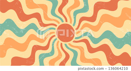 Retro groovy sun burst with bold orange and yellow ray in a grunge effect. Wavy sunshine and y2k sun graphic create an abstract horizontal background for vibrant summer style visuals. 136064210