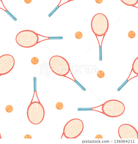 Seamless pattern with tennis racket and ball in colorful flat style. Tennis equipment repeats across the wallpaper with vibrant decoration. Suitable for sport themes, gym decor, fitness backgrounds, Seamless pattern with tennis racket and ball in colorful flat style. Tennis equipment repeats across the wallpaper with vibrant decoration. Suitable for sport themes, gym decor, fitness backgrounds, 136064211