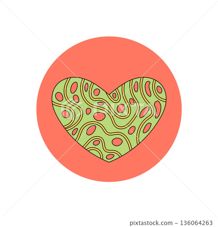 Retro groovy heart sticker with abstract pattern and colorful circle shape. Groovy element decorates package lid, perfect as seal or modern y2k accent for creative packaging use. 136064263