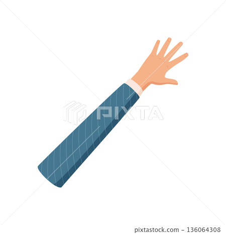 Cartoon hand gesture with open palm showing number five. Flat style arm with blue sleeve and bare skin. Signal for counting or math education, visually appealing in a clean design, suitable for 136064308