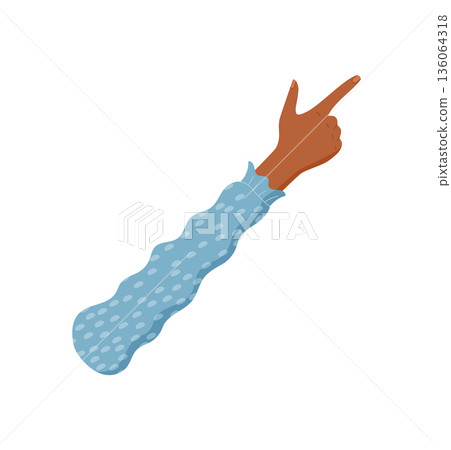 Cartoon hand pointing up with one finger. Human hand gesture showing number one with forefinger extended. Brown arm in blue sleeve, flat style, educational element, isolated on white background, Cartoon hand pointing up with one finger. Human hand gesture showing number one with forefinger extended. Brown arm in blue sleeve, flat style, educational element, isolated on white background, 136064318
