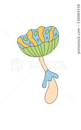 Groovy psychedelic mushroom sticker cartoon in a colorful retro and funky trippy magic style. Groovy element with y2k flair, this mushroom design adds a playful and unique touch. The sticker uses 136064339