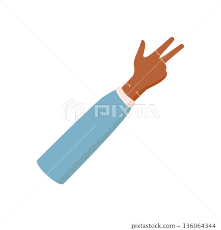 Flat silhouette of a hand with three fingers up. Palm gesture showing number three with dark skin tone and light blue sleeve. Isolated concept, counting or educational use. 136064344