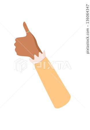 Flat cartoon human hand gesture. Raised arm with open finger symbol. Greeting sign of communication and expression. Clean colorful art for banner or poster design, creative context. 136064347