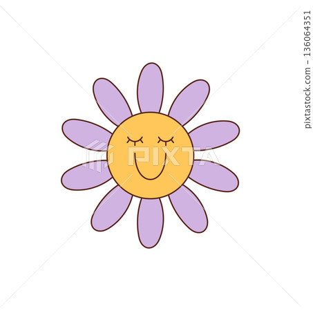 Groovy y2k flower sticker cartoon with smile and cute happy face in yellow and pink. Funky patch retro groovy element as playful summer accent brings joy creative style for modern design. Groovy y2k flower sticker cartoon with smile and cute happy face in yellow and pink. Funky patch retro groovy element as playful summer accent brings joy creative style for modern design. 136064351