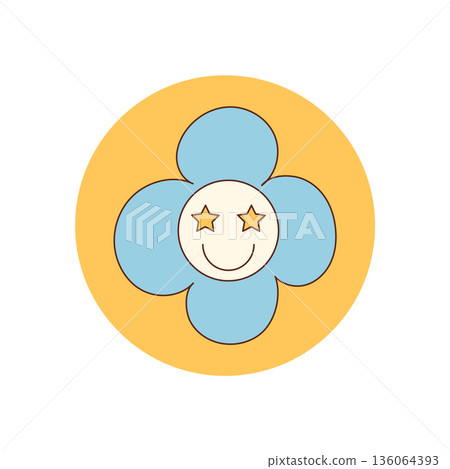 Groovy retro flower with happy smiley in yellow and blue sticker. Cute daisy circle sticker label as package seal or lid for y2k style packaging and creative product concepts. Groovy retro flower with happy smiley in yellow and blue sticker. Cute daisy circle sticker label as package seal or lid for y2k style packaging and creative product concepts. 136064393