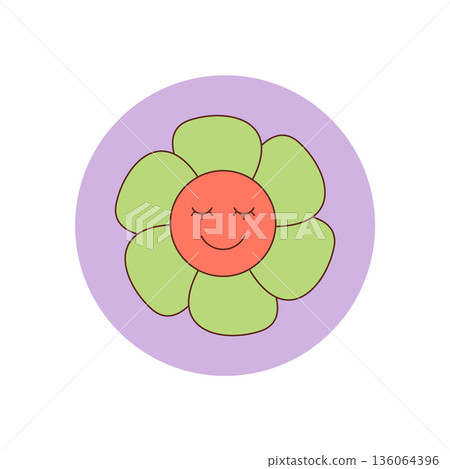 Groovy retro smiley flower in vibrant cartoon graphic style sticker. Happy daisy and cute patch serve as colorful package sticker or seal. Circle shape gives playful y2k groovy element for creative Groovy retro smiley flower in vibrant cartoon graphic style sticker. Happy daisy and cute patch serve as colorful package sticker or seal. Circle shape gives playful y2k groovy element for creative 136064396