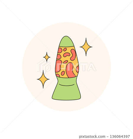 Psychedelic groovy lava lamp in green with flat retro style sticker. Vintage label and music lid graphic, y2k package emblem in circle shape. Trendy cool badge. 136064397