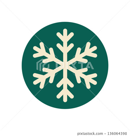 Flat round snow flake icon as a holiday label. Green and white package seal for winter decoration or christmas element adds xmas and snowflake line accent, ideal for festive packaging or seasonal 136064398
